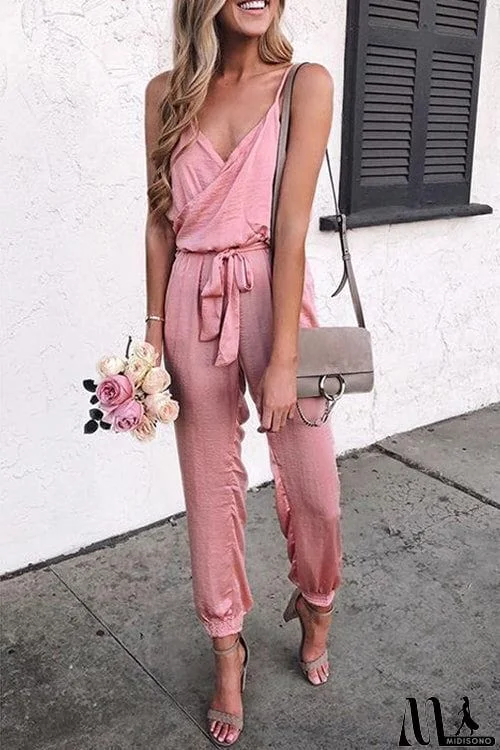 Lace Up V Neck Casual Jumpsuit