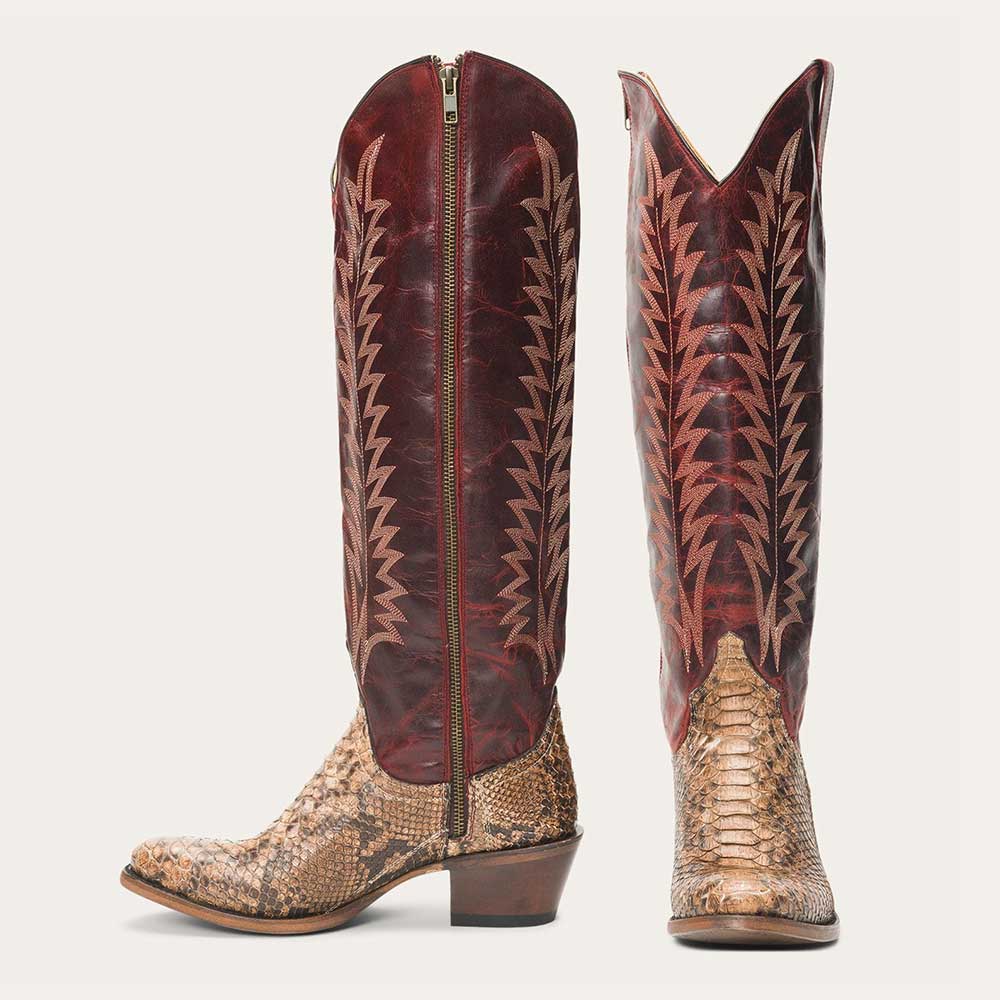 Maroon & Khaki Snakeskin Pattern Embroidered Snip Toe Cowboy Boots Nicepairs