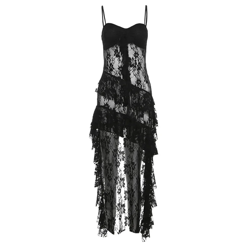 Zingj 2024 Summer New Women's Clothing Pure Hot Girl Wind Hollow Lace Irregular Pendulum Dress