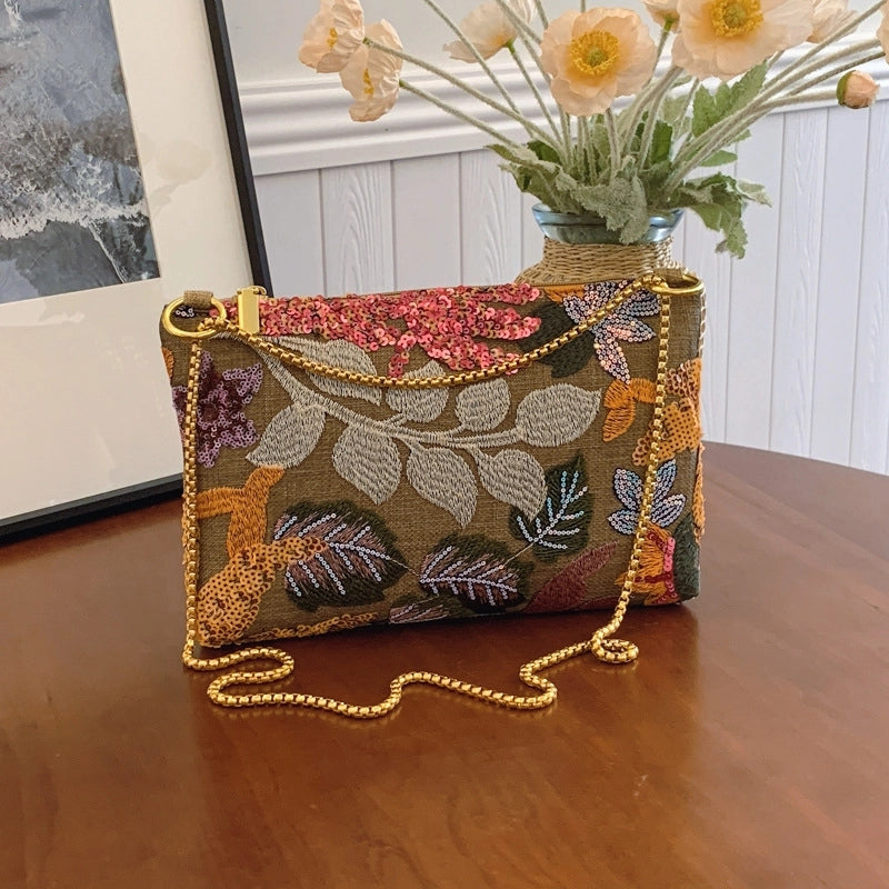 Women's Medium PVC Cloth Leaves Vintage Style Square Zipper Evening Bag Underarm Bag