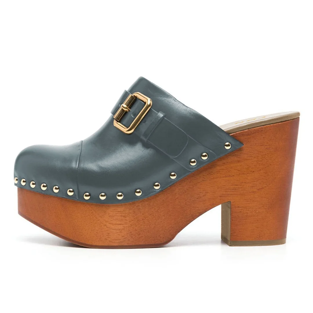 Studded Buckle Strap Round Toe Block Heel Platform Mules in Grey