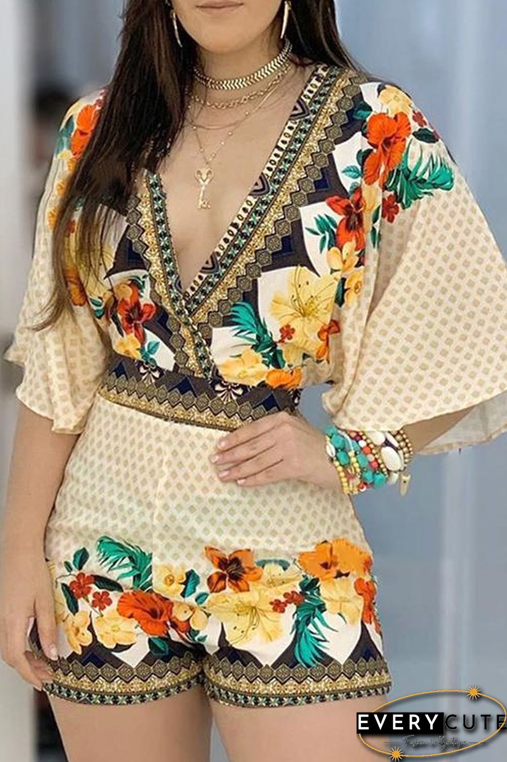 Print V Neck Bat Romper