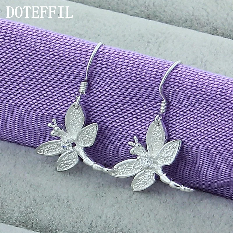 DOTEFFIL 925 Sterling Silver Dragonfly AAA Zircon Drop Earrings For Woman Jewelry