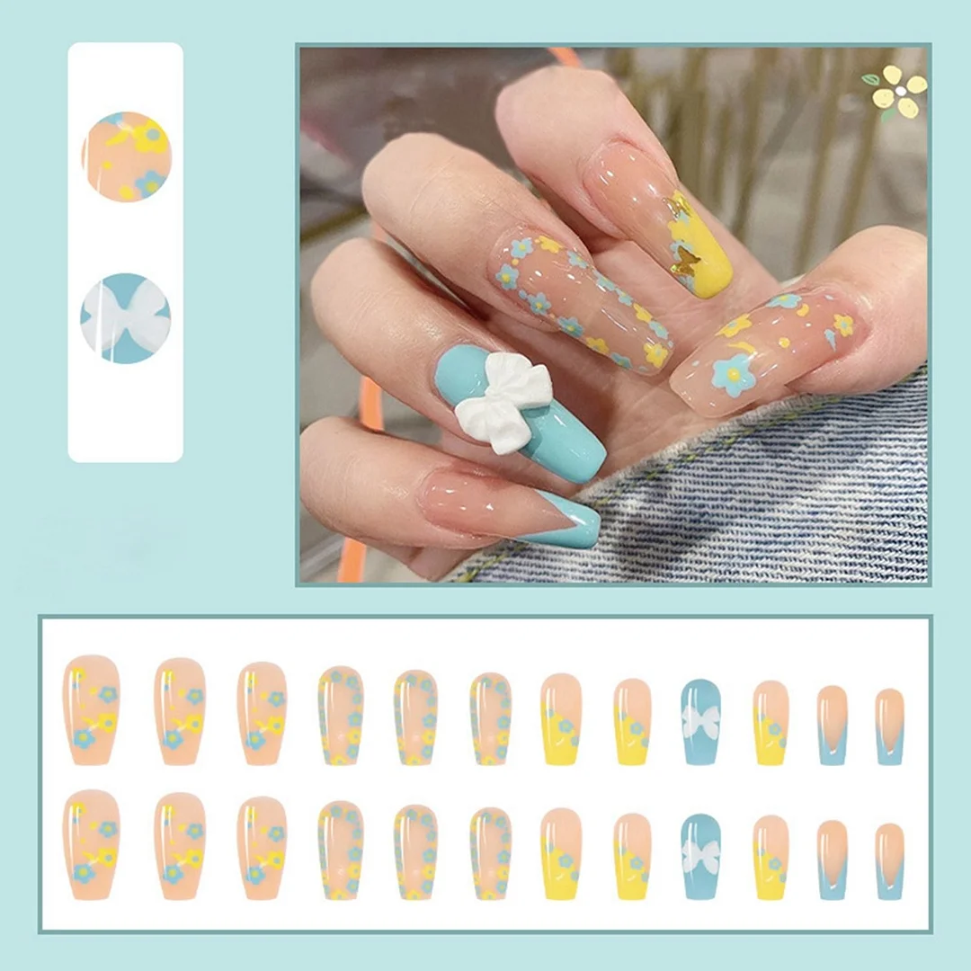 24Pcs Nude Face Flower Painting False Nails Wearable Long Coffin Ballerina False Nails Press On Nails Manicure Tool With Glue-Nail Inspo