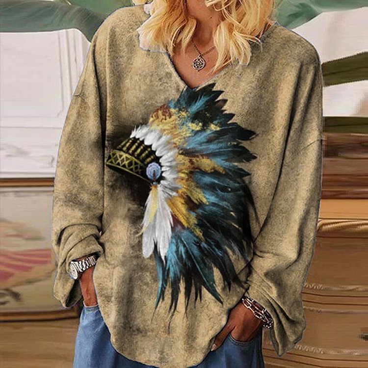Vefave Casual Chief Feather Print Long Sleeve T-Shirt