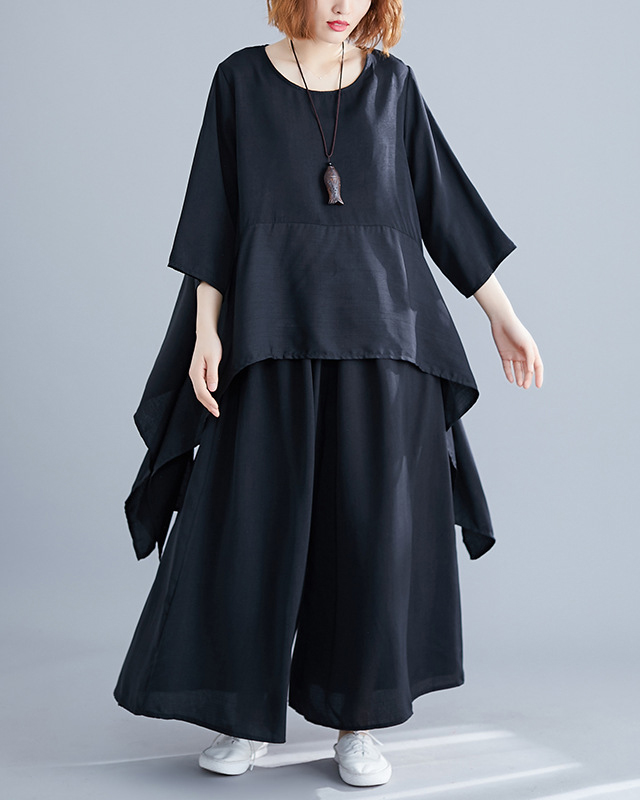 Asymmetric Hem Batwing Sleeve Top & Side Pockets Pants Set