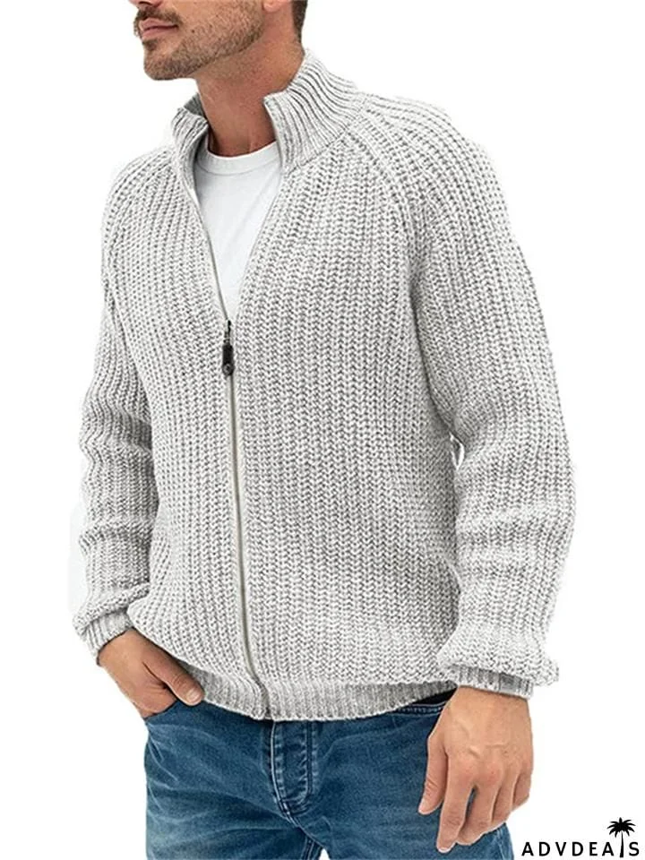 Solid Color Zipper Turtleneck Knitted Cardigan Sweater