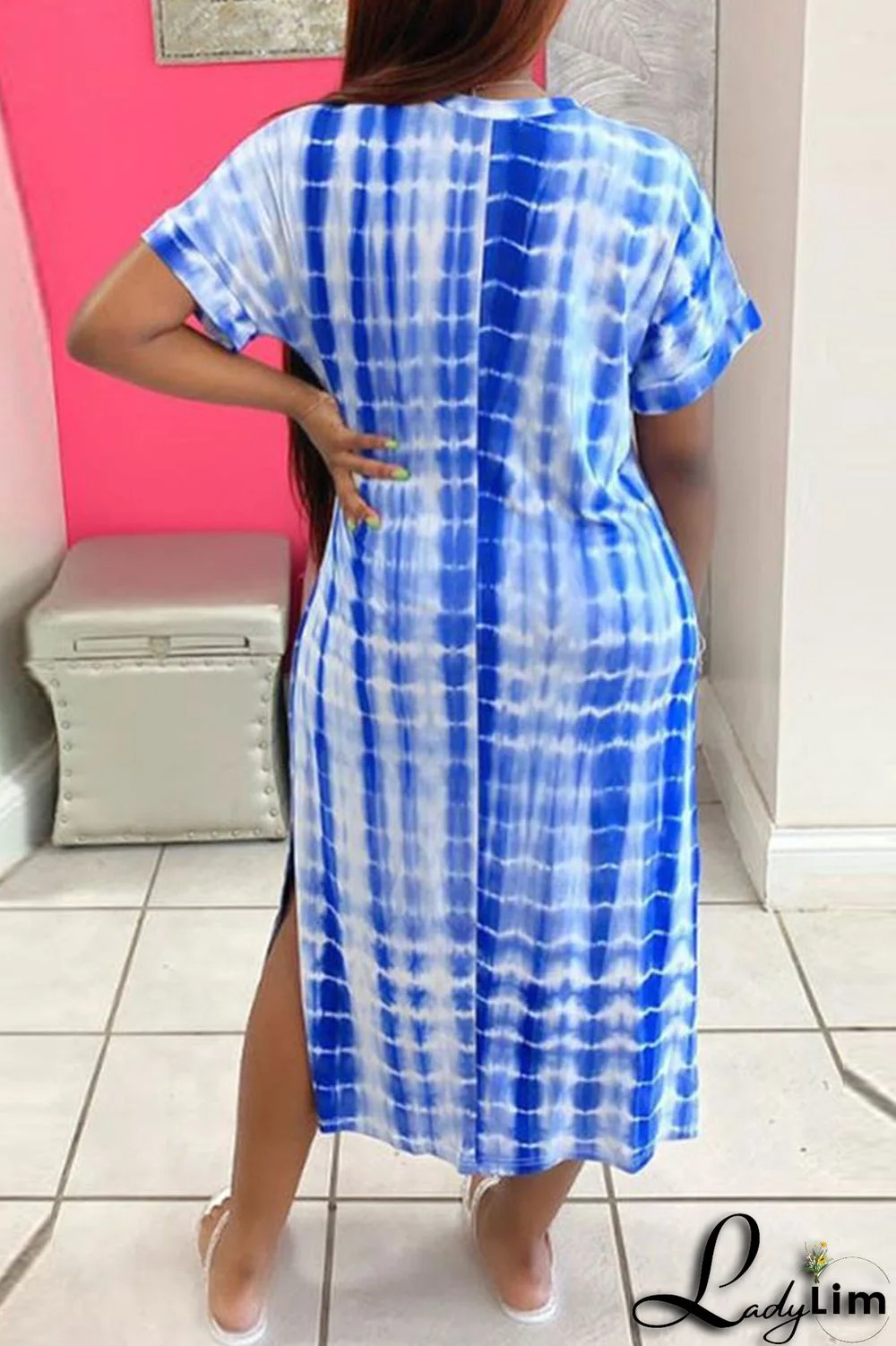 Blue Fashion Casual Print Slit O Neck Short Sleeve Dress Dresses