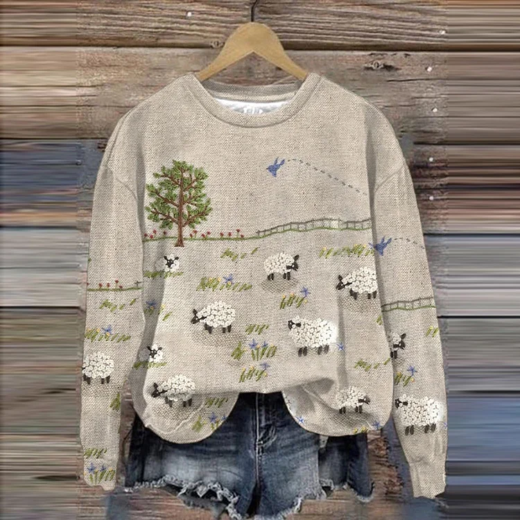 VChics Women's Sheep Farm Landscape Embroidery Cozy Print Sweatshirt