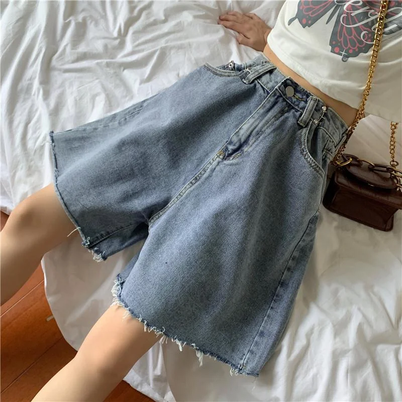 Denim Shorts Women High Waist Knee-length Distressed Korean Version Trendy Harajuku Summer Female All-match Students Vintage New