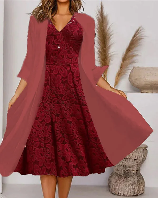 Fake Two Piece Waisted V Neck Chiffon Coat Dress