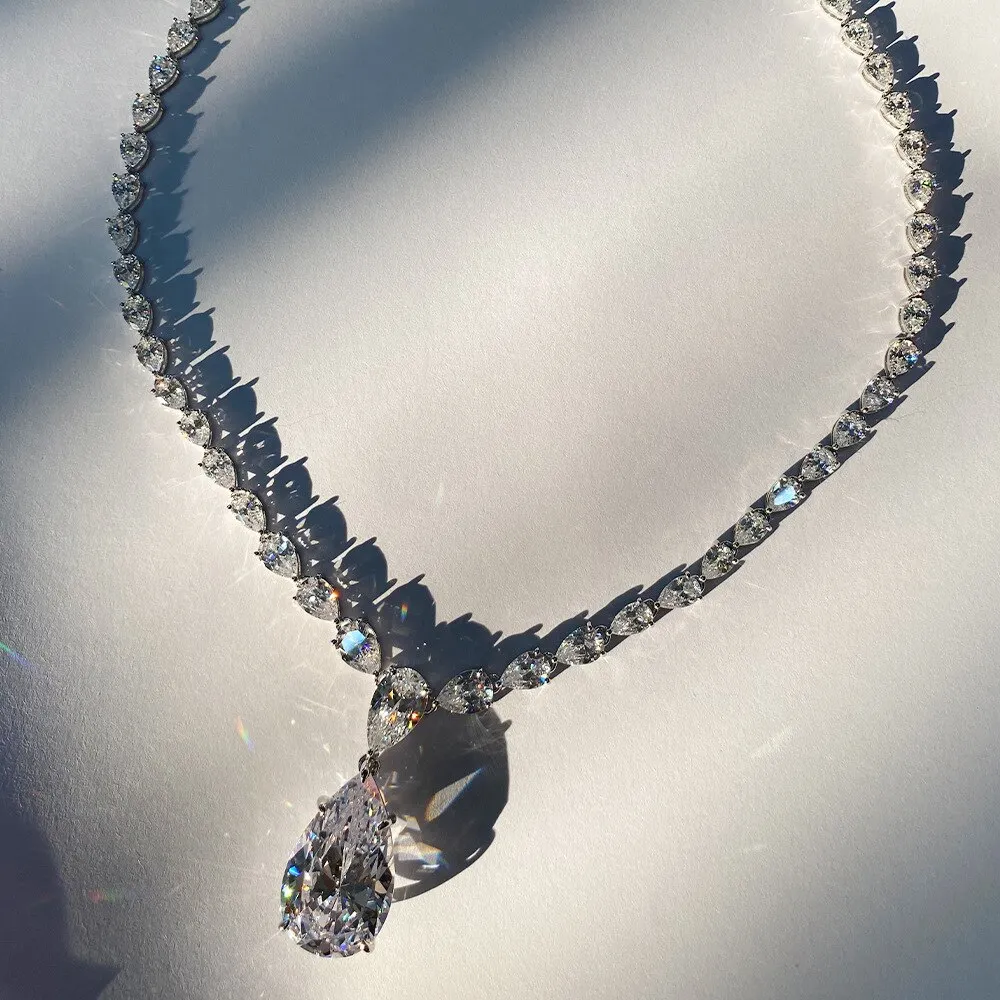 Luxury 925 Sterling Silver Pear Created Moissanite Gemstone Wedding Cocktail Pendent Necklace Fine Jewelry 032