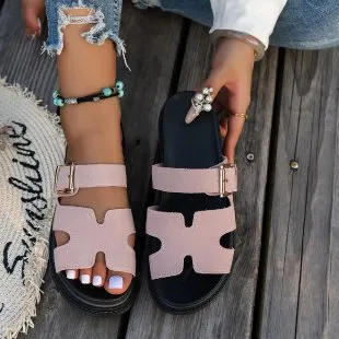 Breakj Breakj New Large-Size Slippers Women Thick-Bottomed A Buckle Solid Color Casual Cold Slippers Women