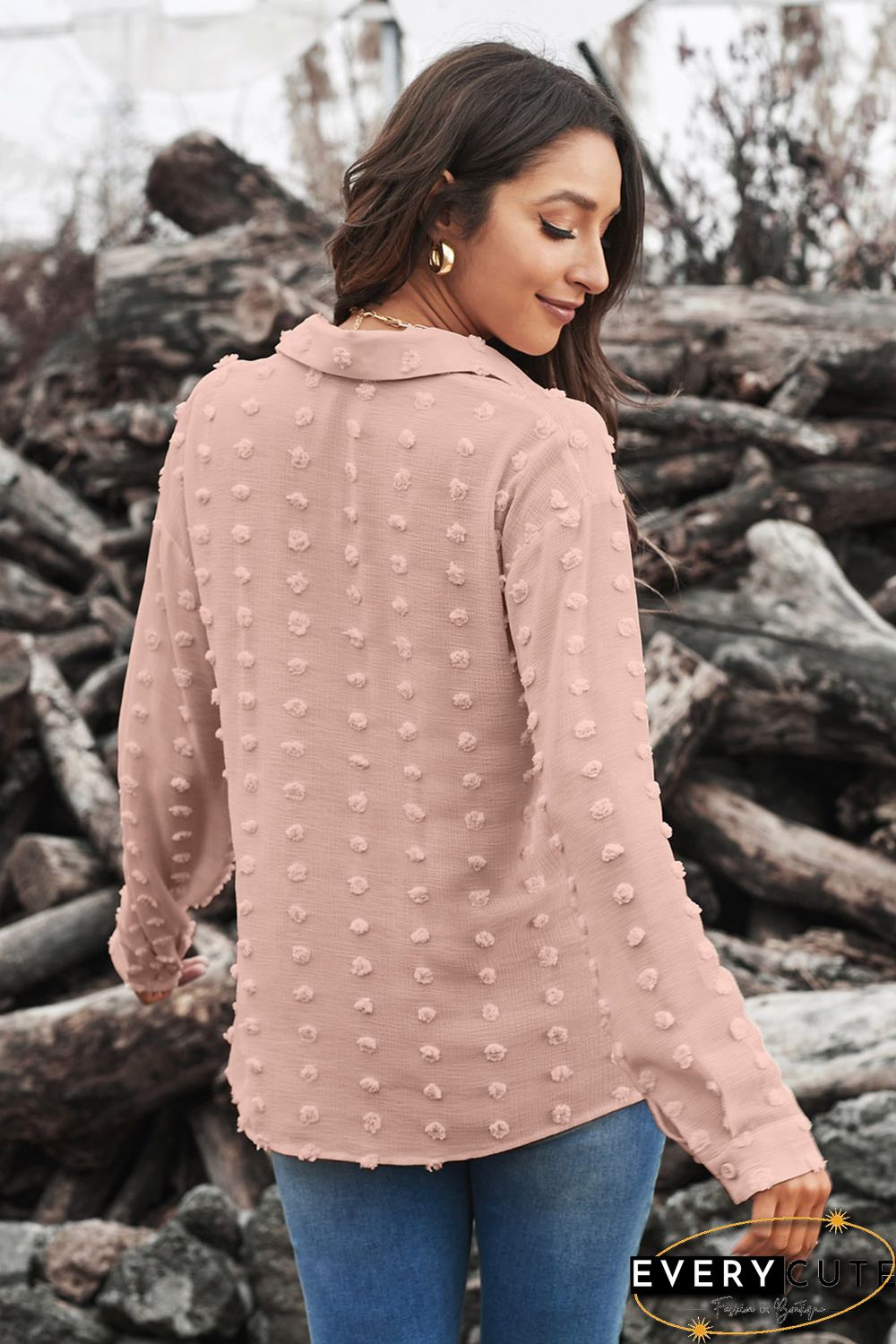 Khaki Long Sleeve Button Fuzzy Polka Dot Shirt