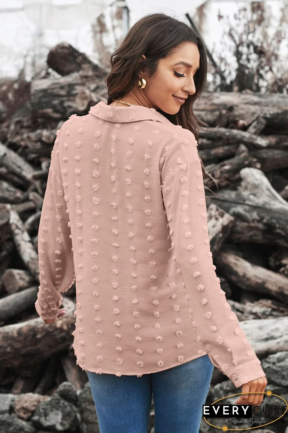 Khaki Long Sleeve Button Fuzzy Polka Dot Shirt