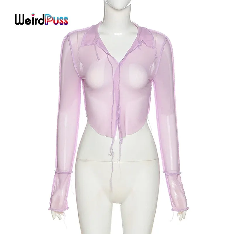 OrangeA sexy mesh v-neck women crop top long sleeve 2021 fashion summer neon color club party wear t shirts see through outfits