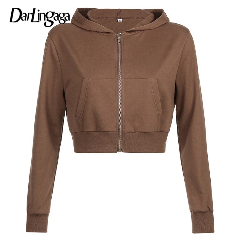 Darlingaga Casual Zip Up Cropped Brown Hoodies Women Harajuku Pockets Basic Autumn Jacket Solid Short Hooded Sweatshirts Coat