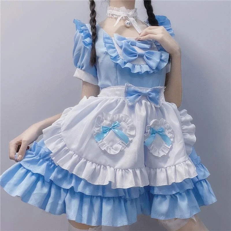 Cute Lolita Blue Lace Bowknot Maid Dress SS1149