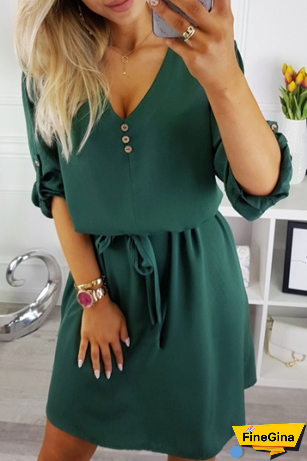 Casual Solid Buttons Strap Design V Neck Dresses(4 Colors)