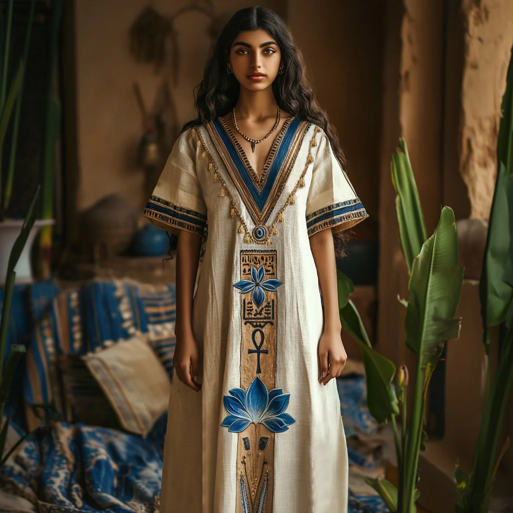 Egyptian Egyptian Ankh Lotus Embroidery Women's Linen Maxi Dress