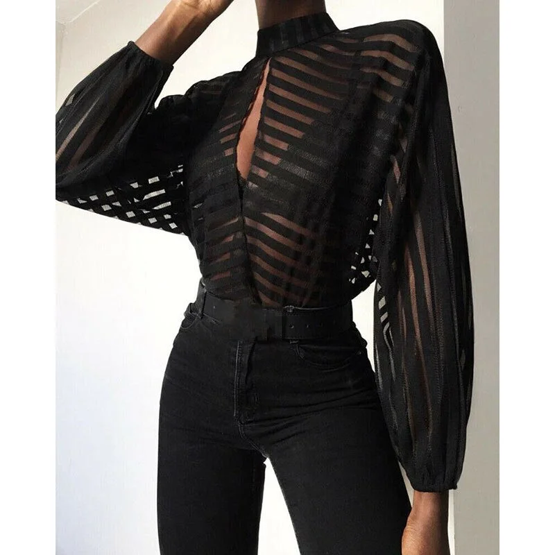 New Fashion Women Mesh  Blouse Ladies Sexy Hollow V Neck Shirt Casual Long Sleeve Tee Tops Balck Transparent Clubwear