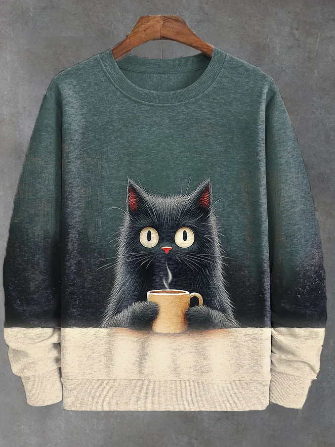 Men's Black Cat Drinking Hot Coffee Art Print Casual Sweatshirt