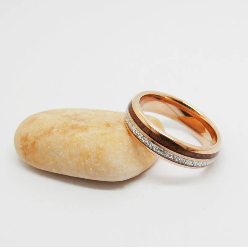 6MM 8MM Full Arc Electric Rose Gold Tungsten Wedding Rings Inlaid Mahogany And Silver Thread