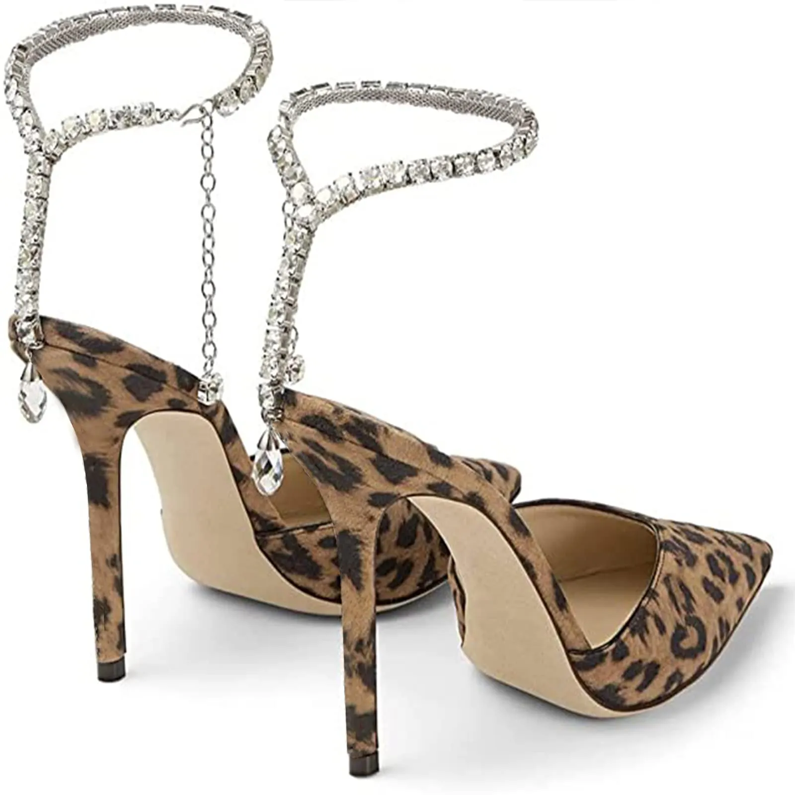 100mm Women's Sandals Crystal Chain Rhinestone Embellished Strap Suede Pumps Pointy Stilettos Backless Shoes-vocosishoes