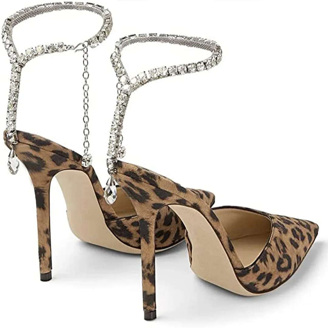 100mm Women's Sandals Crystal Chain Rhinestone Embellished Strap Suede Pumps Pointy Stilettos Backless Shoes-vocosishoes