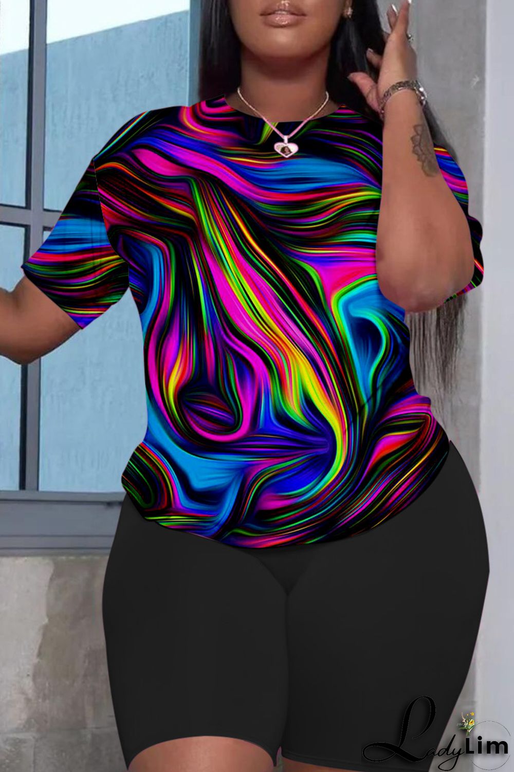 Cyan Casual Print Basic O Neck Short Sleeve Two Pieces