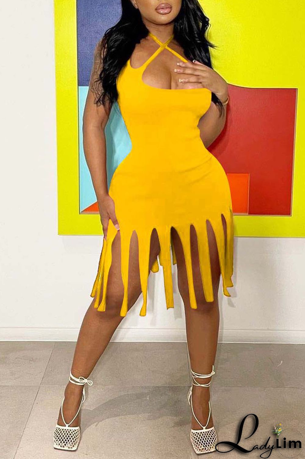 Black Sexy Solid Tassel Split Joint Pencil Skirt Dresses