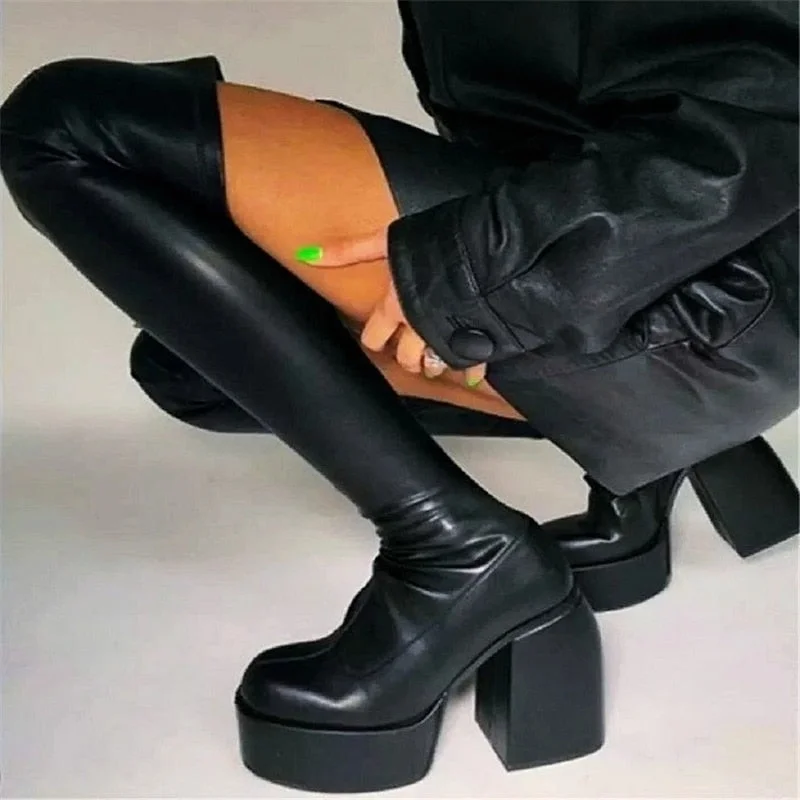 Women Boots High Heels Chunky Platform Black Botas De Mujer Winter Boots Knee High Boot Zipper Matrin Boot Party Shoes