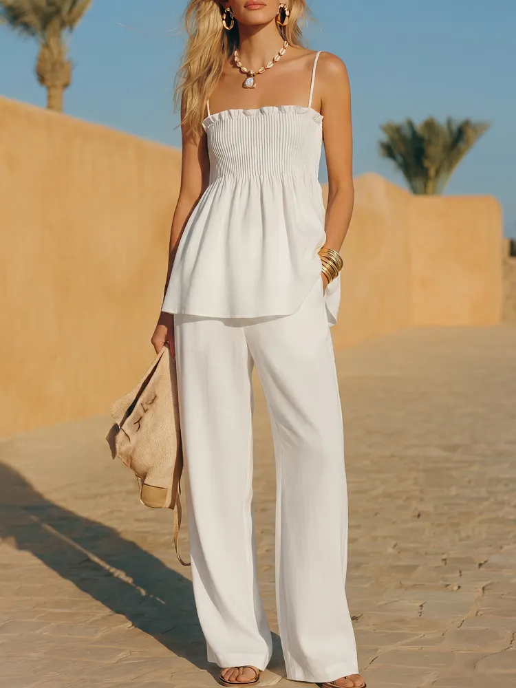 Bohemian Vacation White Cotton Linen Ruffled Suspender Trouser Set