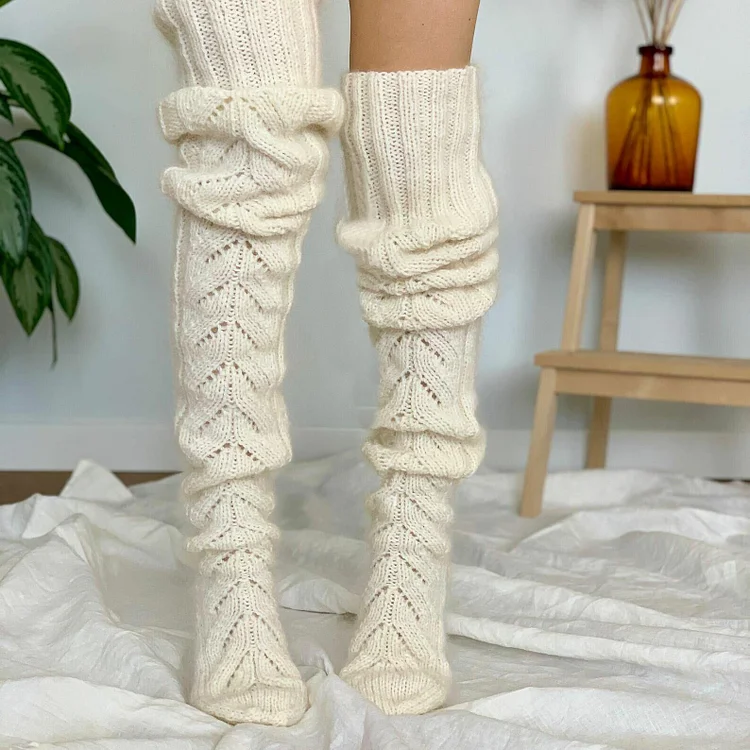 Hollow Long Tube Over The Knee Socks Knitted Pile Socks