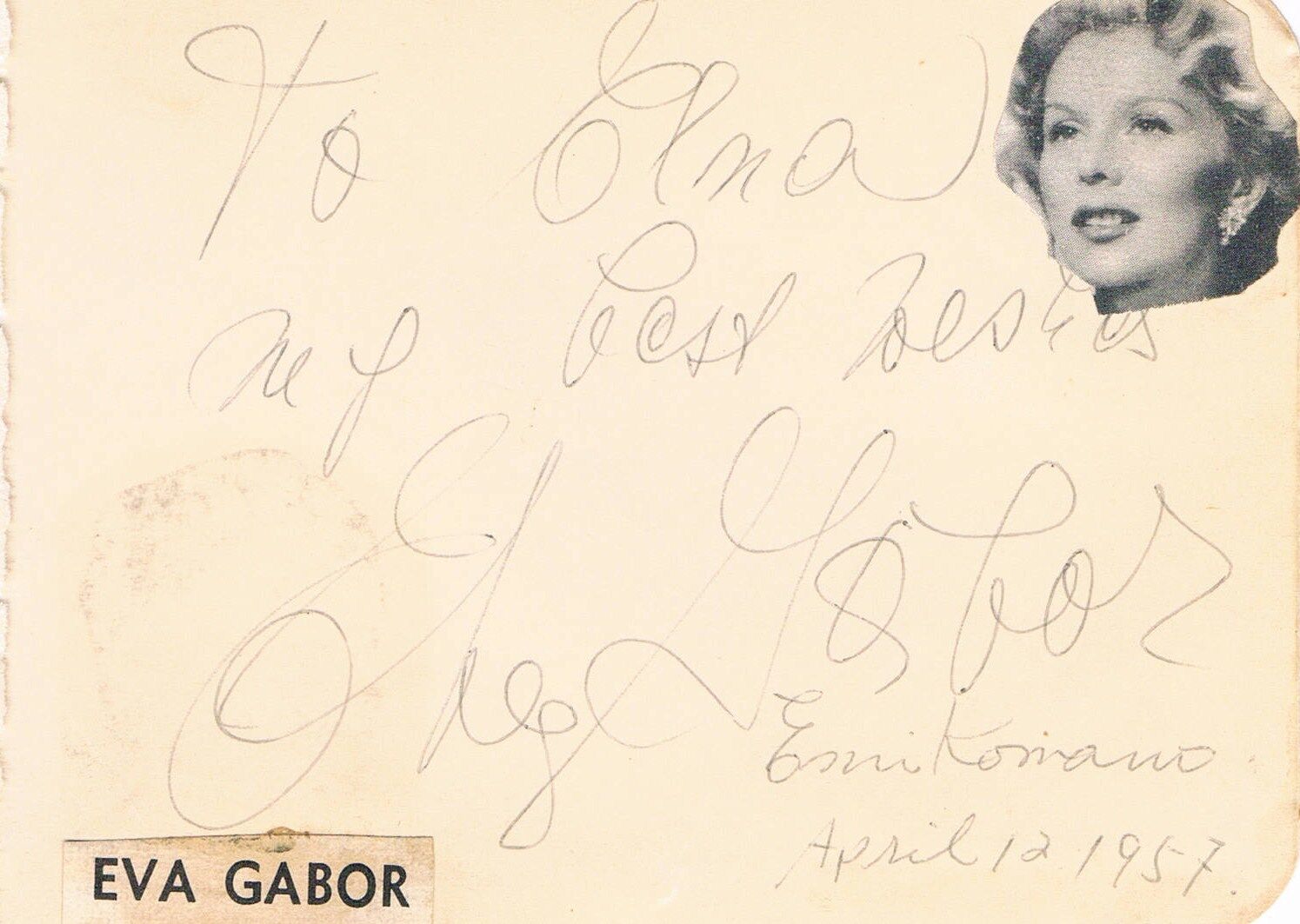 Eva Gabor 1919-95 signed album page 3.75x5 inch w.attached picture autograph