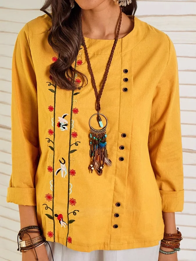 Women's Round Neck Button Up Design Retro Embroidered Long Sleeve Loose Casual Shirt