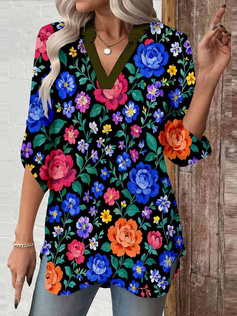 Women Floral, Purple, Red DZGA0348 3/4 Sleeve V-neck Printed Graphic Button Tops