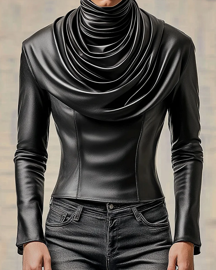 Men's Black Draped Leather Turtleneck Long Sleeve Top