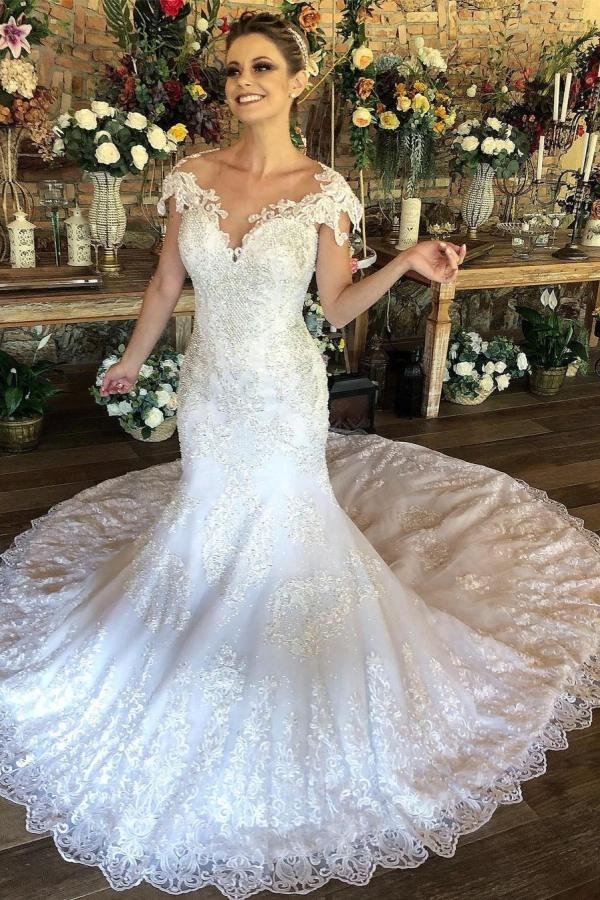 Elegant Mermaid Sweetheart Long Wedding Dress With Cap Sleeves Lace | Ballbellas Ballbellas