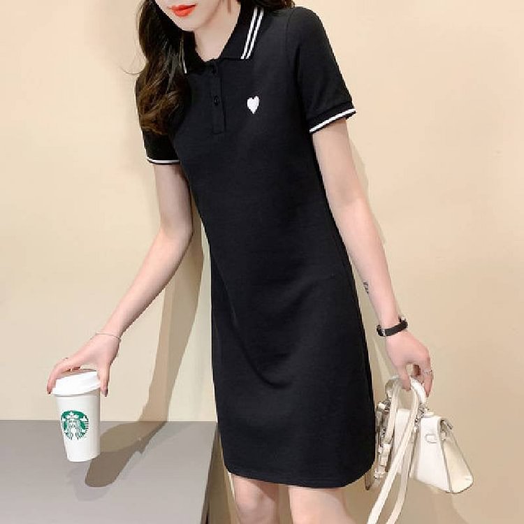 Heart Embroidery Contrast Trim Polo Dress QueenFunky