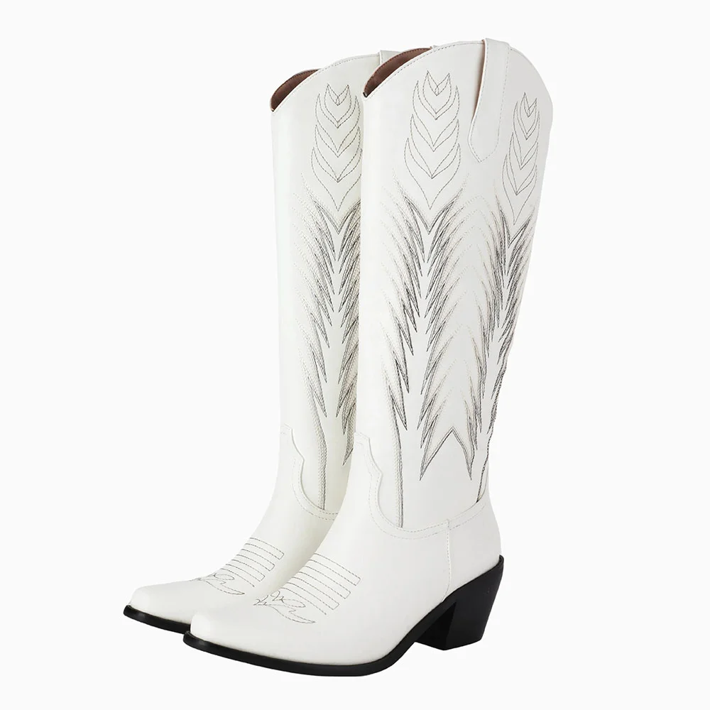 Snip Toe Chunky Heel Embroidered Western Boots for Women in White