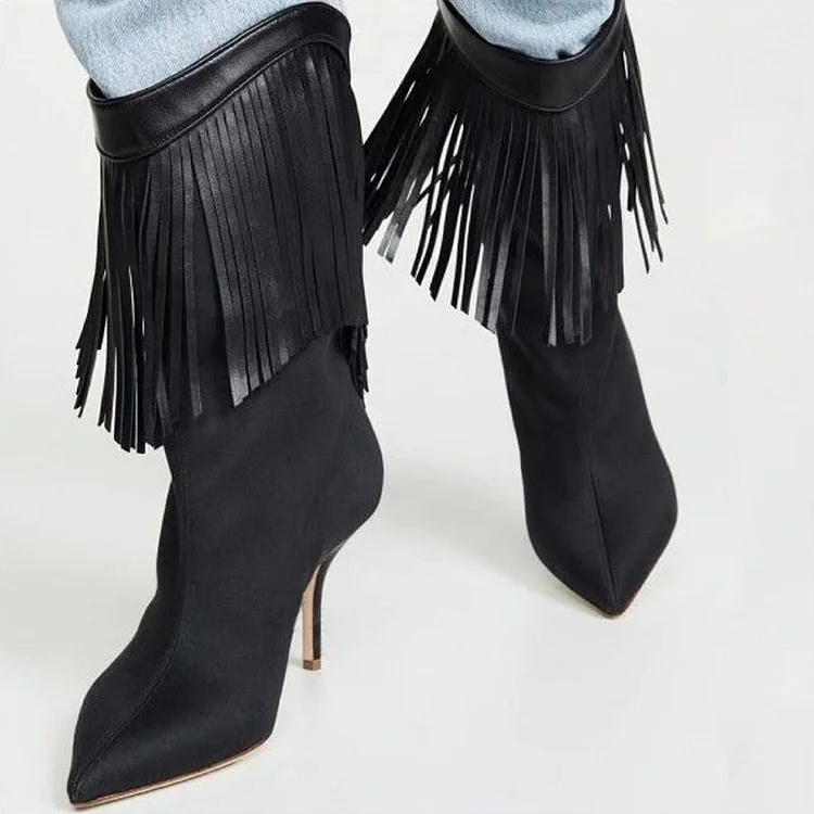 Pointed Toe Fringe Boot Women's Stiletto Heel Shoes Mid Calf Boots |FSJ Shoes
