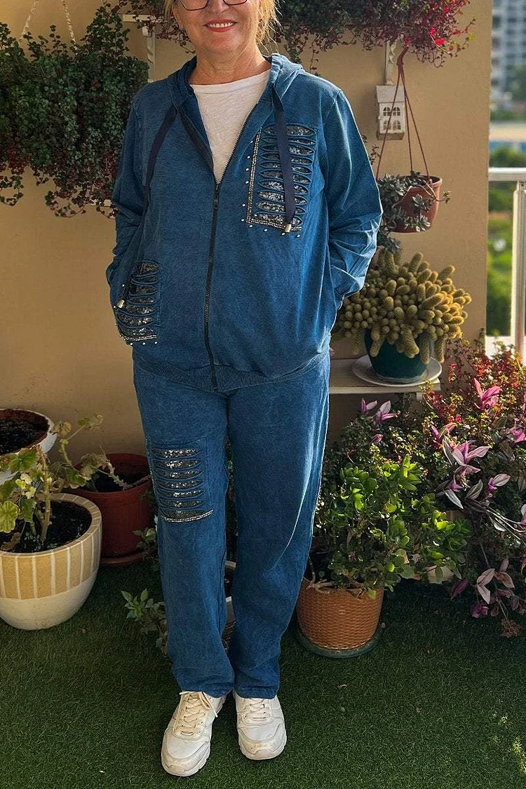 Women's Casual Hooded Sequined Two-piece Suit