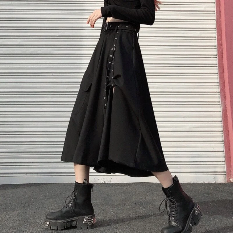 Zoki Punk Women Midi Skirt Summer Black Fashion Split High Waist Belt A Line Dark Academic Gothic Long Skirt Streetwear Faldas