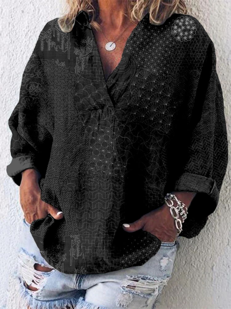 Comstylish Japanese Traditional Sashiko Art Linen Blend Tunic