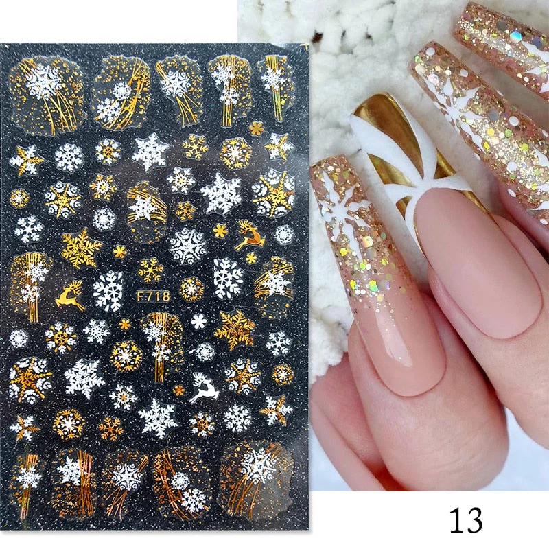 Gold White Bronzing Christmas Nail Sticker 3D Snowflakes Leaf Geometry Lines Letter For Manicure Sliders Decoration Accessories