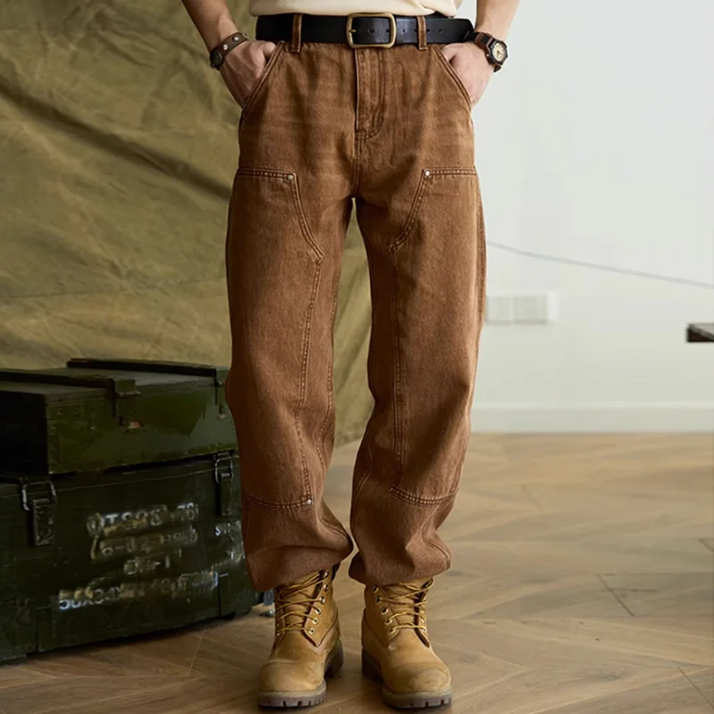 Vintage Wash Distressed Brown Lumberjack Straight Leg Trousers