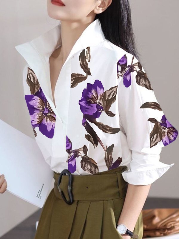 Long Sleeves Loose Flower Print Stand Collar Blouses&Shirts Tops WHITE-2XL