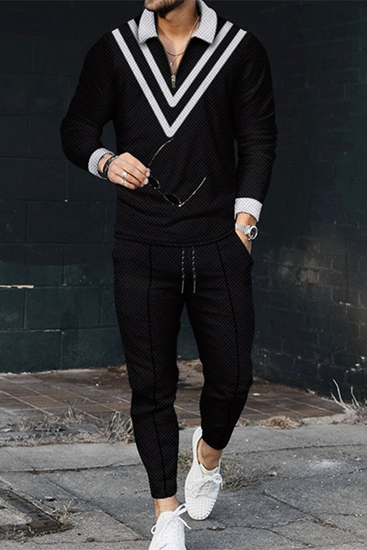 Men's Striped Polo Shirt And Pants Two Piece Set