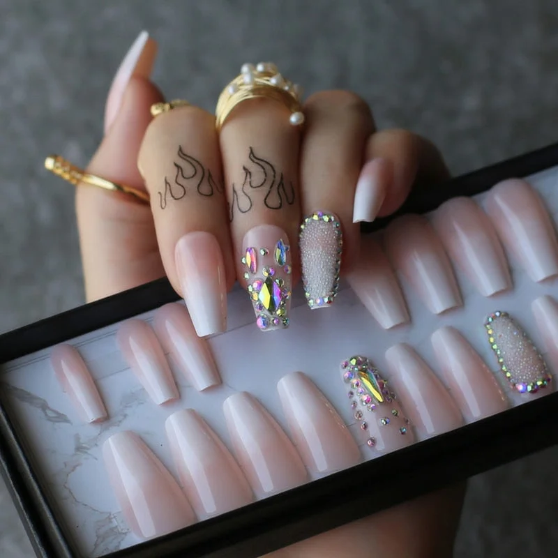 Coffin false nails Press on nails Box gift ombre Nude Crystal caviar Shaped drill Trapezoid fake nails Glitter beads French